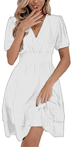 MAFA Femmes Robe Tunique Mini Robe Col en V Automne Hiver Longueur au Genou Casual Retro Respirant A-Blanc M