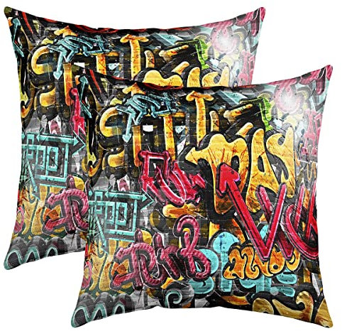 Loussiesd Hippie Graffiti Style Kissenbezüge 45x45cm für Couch Schlafsofa 2er Set Kissenbezüge Hip Hop Dekor Dekorative Sofakissen Couchküssen Kissenhülle Graffiti Graphic Kissenbezug