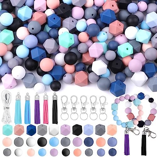 Vellibring 121 PCS Silicone Beads for Keychain Making Kit,12mm 15mm Round 14mm Polygonal Rubber Beads Multicolor Bulk Silicone Loose Beads for DIY Necklace Bracelet Jewelry Making Supplies