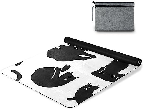 GOODOLD Yogamatte für Yoga, schwarze Katzen, 180 x 66 cm, rutschfeste Yogamatte, faltbar, Reise-Trainingsmatte, für drinnen und draußen, Fitnessstudio, Pilates, mit Aufbewahrungstasche für Damen und