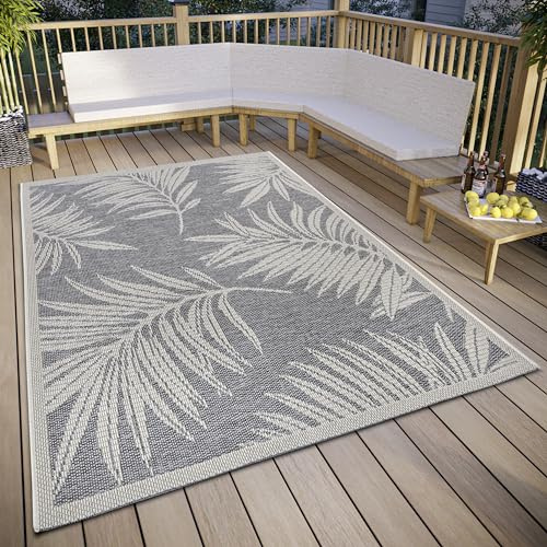Hanse Home Paru Outdoor Teppich Wetterfest – Modernes Palmen Muster Florales Design, Wasserfest robuster Aussenteppich Flachgewebe für Garten, Balkon, Terrasse, Wohnzimmer – Grau Creme, 190x290cm