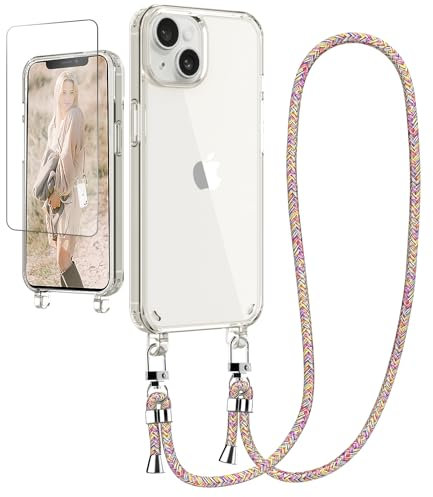 Ciciber Handykette Hülle für iPhone 15 Handyhülle mit Band und Schutzfolie, Transparent Case mit Schnur zum Umhängen Kordel Necklace Hülle Schutzhülle für iPhone 15 6.1, Regenbogen