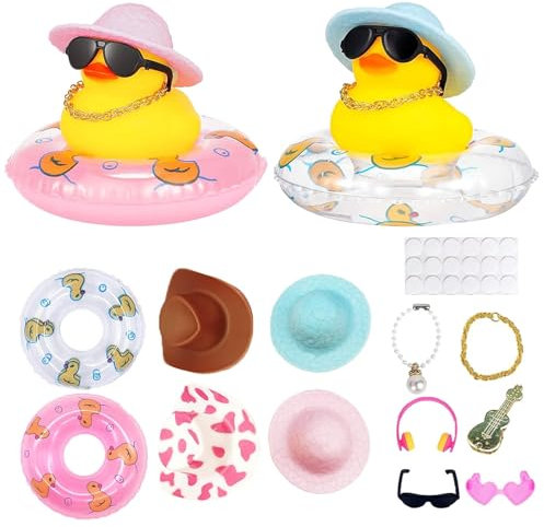14PCS Jouets de Bain de Canard en Caoutchouc Jaune, Canard en Caoutchouc Décoration pour Tableau de Bord de Voiture avec Bouée, Chapeau, Collier, Lunettes, Jouets de Douche de Bébé