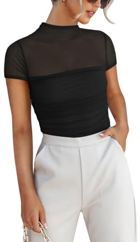 REORIA Sexy Bodysuits for Women Classic Mock Turtle Neck Short Sleeve Slim Fit Shirts Sheer Mesh Ruched Trendy Going Out Tops Cute Office Bodysuits Black Medium