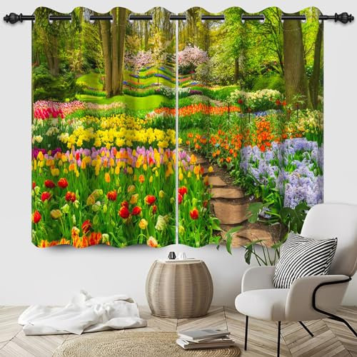 DORCEV Fenstervorhänge, Motiv: Frühlingswald, Park, bunt, blühende Tulpen, Blumen, Verdunkelung, Fenstervorhänge, Gartenwege, Frühlingslandschaft, Fensterbehandlungssets, Schlafzimmer, Wohnzimmer,