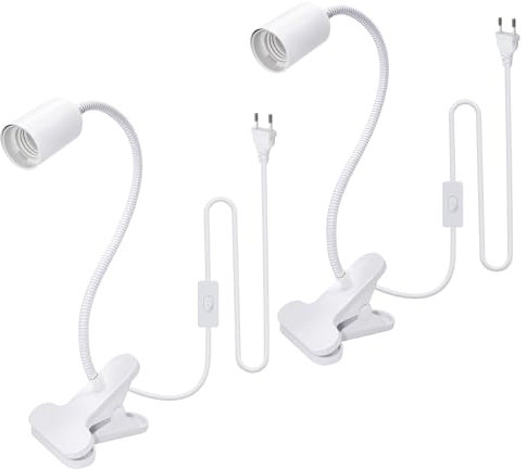 2 Stück E27 Klemmleuchte mit Schalter, Klemmlampe mit Stecker und 240 CM Kabel, 360°Einstellbar 35 CM Flexiblem Schwanenhals Fassung, Lampenfassung mit Clip, Tischlampe, Klemmlampe Bett für Lernen