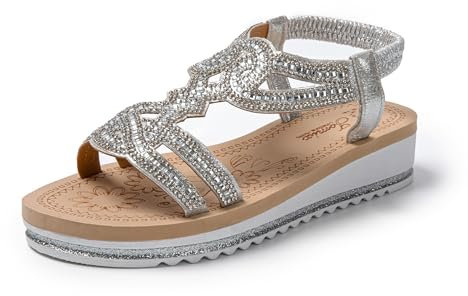 JOMIX Damen Sommer Sandalen mit Strass Frauen Bohemian Sandals Freizeit Strand Sandalette Plattform Flip Flops (Silber, 38 EU, SD9026)