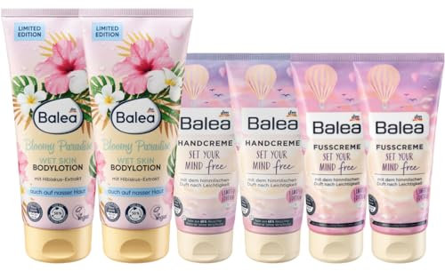 Balea 6er-Set Hautpflege: Wet-Skin BODYLOTION Bloomy Paradise sommerlich-exotischer Duft (2 x 200 ml) + HANDCREME Set your mind free (2 x 100 ml) + FUßCREME für beanspruchte Füße (2 x 100 ml), 600 ml