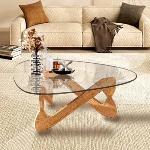 Table Basse en Verre et Bois Triangle Salon Moderne Petite Transparente Vintage Table en Verre Trempé