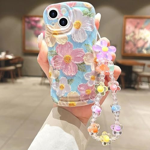 for iPhone 13 Mini Curly Wavy Case, Cute Colorful Retro Oil Painting Flower Glossy Pattern [with Bead Chain], Slim Fit Shockproof Protective Cover for Girls Women (Green)