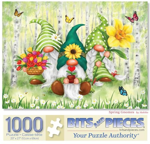 Bits and Pieces - 1000 Piece Jigsaw Puzzle for Adults - 20 x 27 - Spring Gnomes - 1000 pc Colorful Funny Garden Gnomes Jigsaw by Makiko