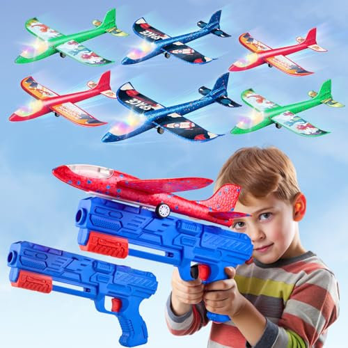 6 Pack Airplane Launcher Toys, 2 Flight Mode Glider Plane LED Foam Plane Toy Outdoor Toys for Kids Ages 3 4 5 6 7 8 9 10 Year Old Boys & Girls Birthday Gift, Educational Flying Kids Toys