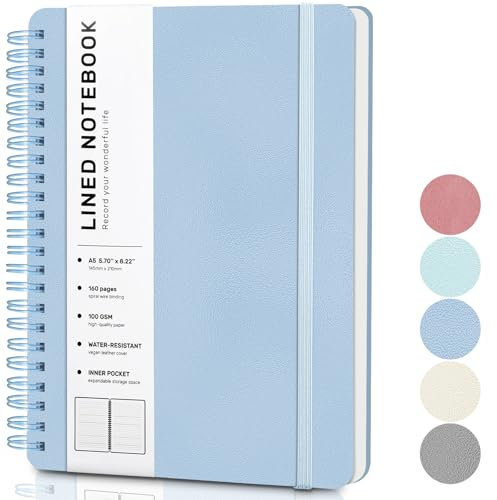 Lined Spiral Journal Notebook, A5 Hardcover Leather Notebook for Work, 5.7''×8.2'', 100GSM Thick Paper Spiral Bound Journaling Notebooks for Women & Men Office School Note Taking Business, Morandi