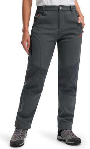 Libin Damen Outdoor Wanderhose Funktionshose Winter Softshellhose Kletterhose Wasserdicht Fleece Gefüttert Warm Winterhose, Dunkelgrau Mittel