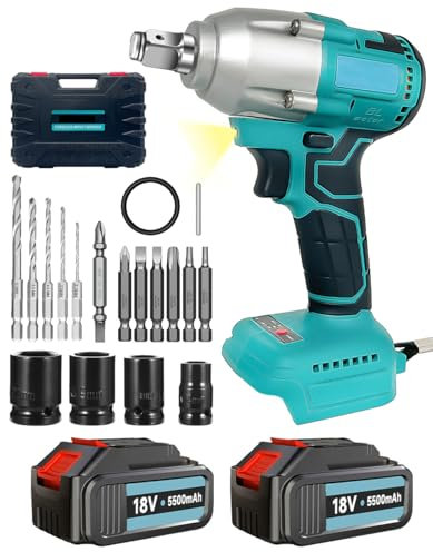 Cordless Impact Wrench 18V, Impact Gun 1/2Inch 450NM, Impact Driver with 2PCS 5500mAh Batteries, 3200RPM, 4PCS Impact Sockets and Quick Charger, Power Impact Driver with Carry Box, for Car Tire
