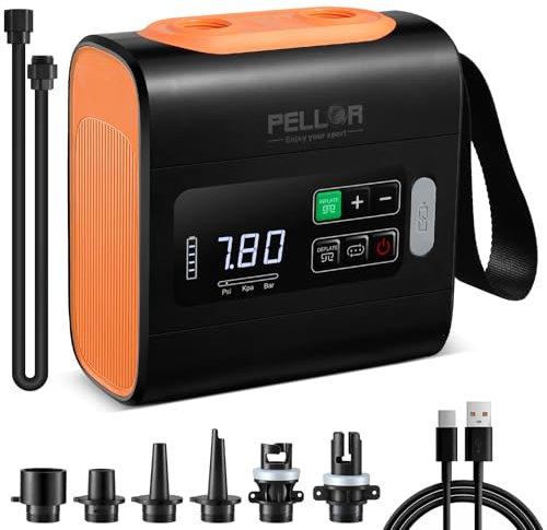 PELLOR Pompa Elettrica SUP 22PSI, Ricaricabile Pompa ad Alta Pressione con Auto-Off, Gonfiaggio e Sgonfiaggio Doppio Stadio, Compressore Aria Portatile, Adatta per Paddle Board, Kayak, Gommoni