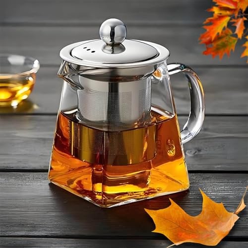 DxxD Glass Teapot, 950 ml Tea Pot with Infuser, Square Borosilicate Teapot with Stainless Steel Strainer for Loose Tea, Blooming Tea Maker, Hot/Iced Water, Juice Beverage, Stovetop Microwave Safe