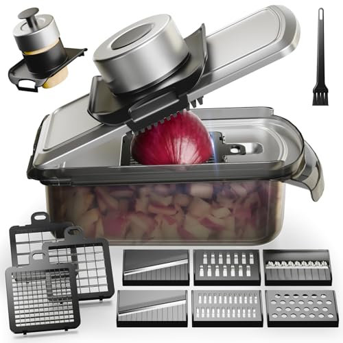 Coupe Legumes, Coupe de légumes de mandoline en acier inoxydable 12 en 1, Coupe de légumes avec conteneur, Coupe de salade, Coupe de carotte et d'ail, Oignon et fruits