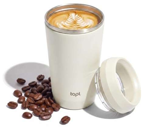 TOPL to Go Coffee Cup – Insulated Travel Coffee Mug with 360° Leak‑Safe Lid, Stainless Steel Coffee Tumbler for Hot/Cold, Spill‑Resistant, BPA‑Free - Salt, 12oz