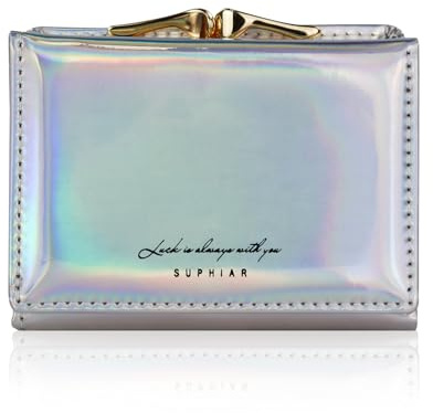 FuninCrea Portemonnaie Damen Klein, Wasserdichtes Kunstleder Geldbörse Damen Kuss-Schloss Karten Portemonnaie, Schillernder Regenbogen Portmonee Klein mit 7 Kartenfächern und 1 ID-Fenster (Silber)