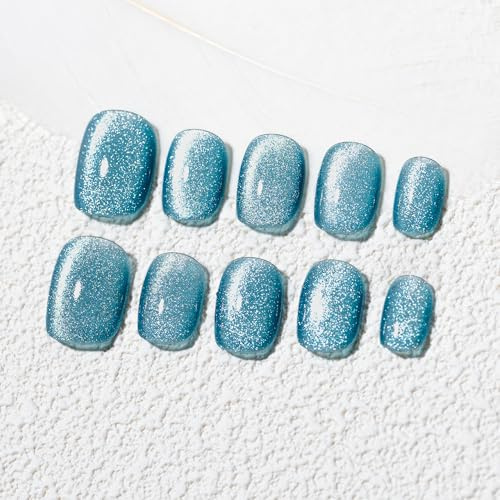 Sun&Beam Nails Handgefertigte Press-On Nails Short Squoval Blau (#249 M) | Seeblau mit silbernem Glitzer und feinem Schimmer, glänzendes Finish im 10-teiligen Set