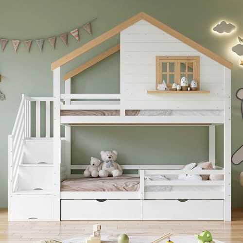 Oslghy Litera Infantil para Niños 90x200 cm, Cama Alta con 2 Cajone, Litera Doble Matrimonio con Escalera Espacios de Almacenamiento, Cama Infantilen Forma de Casa con Ventana que se abre, Sin colchón