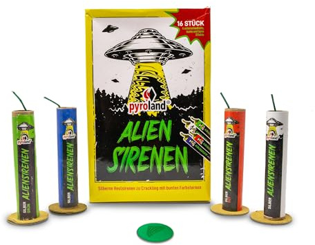 AKTIVHANDEL Alien Sirenen, 32 (2 x 16'er) silberne Heulsirenen mit bunten Farbsternen, Feuerwerk der Kategorie F1, für Silvester, Geburtstag und andere Feiern, inkl. Einkaufswagenchip