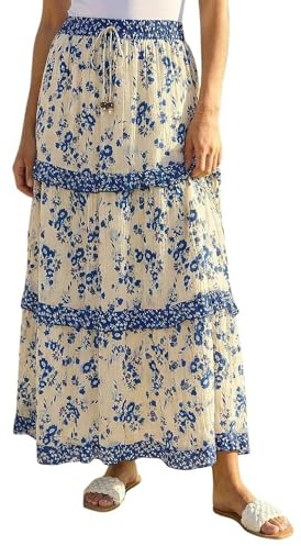Roman Originals Gypsy Maxi Skirt for Women UK Ladies Tiered Bohemian Long Ankle Length Cotton Elasticated Waistband High Waist Monochrome Lounge Lightweight Holiday - Size 20 - Ivory Floral