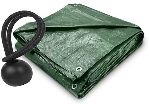 Heavy Duty Waterproof Green Tarp Cover with 10 Black Bungee Ball Ties, S-Grade Tarpaulin for Outdoor Storage, Furniture Protection (5m x 6m)
