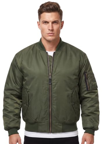 MA1 Bomber Jacket Mens Reversible Pilot Flight Coat Padded Military Air Force Lightweight Retro Biker Outerwear Brass Zip Utility Sleeve Pocket Orange Lining Green XL