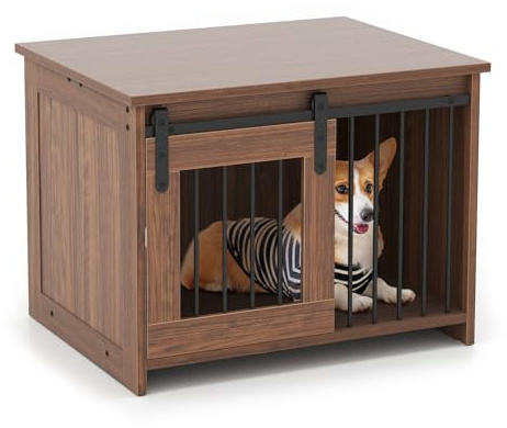 FANTASK Hundekäfig-Möbel, Hundekiste aus Metall Holz mit Schiebetür, Hundebox Indoor für kleine & mittelgroße Hunde, 80 x 60 x 60 cm (Braun)