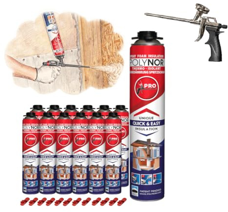 POLYNOR Isolation thermique PUR en bombe PRO - Kit - 12 mousses - Pistolet à mousse - Isolation thermique par projection - Isolation des murs, toits, plafonds, tuyaux - Aérosol 750 ml