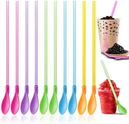 Addein Durable Reusable Slushie Spoon Straws, 10 Pieces, 2-in-1 Straws & Spoons for Milkshakes, Smoothies, Iced Drinks, Juice & Party Use, Easy to Clean