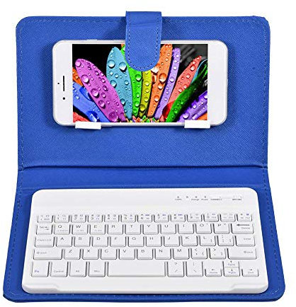 Topiky Telefono universale tastiera Bluetooth senza fili, custodia in pelle da viaggio con custodia in pelle magnetica a vibrazione con supporto per iOS per Android da 4,5 '' - 6,8 ''(Blu)