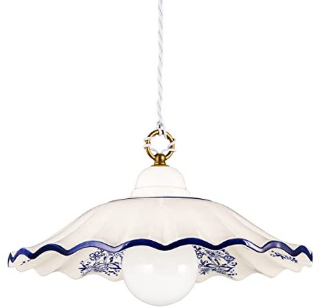 Helios Leuchten 207182 Küchenlampe Keramiklampe weiß blau | Pendellampe Pendelleuchte aus Keramik | Keramikleuchte Kornblumen Dekor | Hängelampe Deckenlampe 1xE27