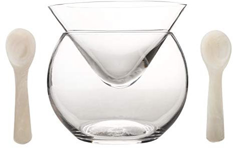 DUEBEL Glacière en Verre Caviar et 2 Cuillères en Coquille de 8 cm, Service à Caviar Transparent- pour Caviar, Martini, Vin, Liqueur et Cocktail