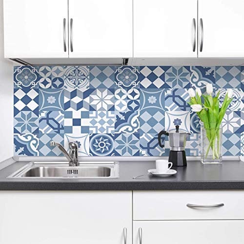 Crédence adhésive cuisine PVC 190_x_60_cm Carreaux de ciment bleu Rouleau adhesif decoratif 100% fabriqué en Italie, avec encre non toxique, ignifuge et résistant à l'eau