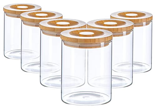 Argon Tableware 6 pièces en Verre Pot avec Couvercle en Bois Conteneur Set - scandinave Ronde de Style Airtight Canister - 750ml