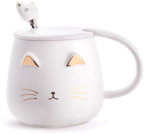 Angelice Home White Cat Mug, Cute Kitty Ceramic Coffee Mug with Stainless Steel Spoon, Novelty Coffee Mug Cup for Cat Lovers Women Girls