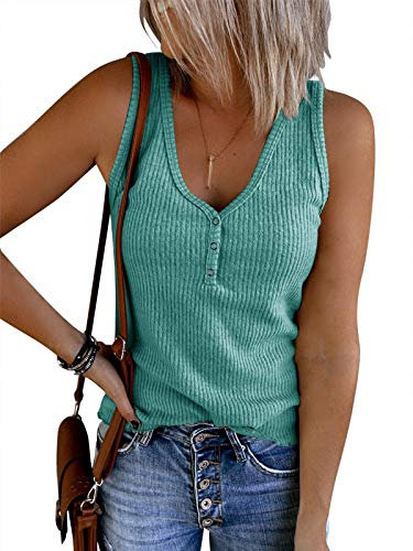 Saodimallsu Damen Tops Ärmellose V-Ausschnitt Casual Tank Tops Lockerer Knopfverschluss Henley Shirt Hellgrün M