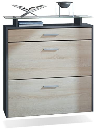 Vladon Schuhschrank Malea, Anthrazit matt/Eiche sägerau - hängender Schuhkipper für 16 Paar Schuhe (89 x 96 x 23 cm)