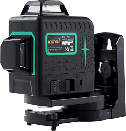KATSU 3D Laser Level 12 Lines, 3x360 Degree Green Cross Line Horizontal Vertical Self-Leveling Tiling Floor Layout Laser Tool with Pulse Mode for Indoor and Outdoor, 2X Batteries Included 311584