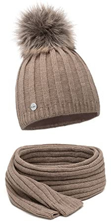 ELIMELI® Kaschmir Mütze Schal Damen Winter Kombi Set - warme Strickmütze mit Kunstfell Bommel - 3-teilig, Winterset Wintermütze passender Schal Wollmütze Beanie Slouch Strick Made in EU - Cappucino