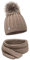 ELIMELI® Kaschmir Mütze Schal Damen Winter Kombi Set - warme Strickmütze mit Kunstfell Bommel - 3-teilig, Winterset Wintermütze passender Schal Wollmütze Beanie Slouch Strick Made in EU - Cappucino