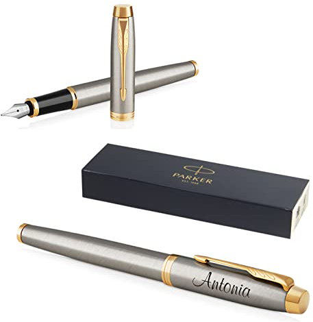 Parker IM Core Füllfederhalter mit Gravur | Premium | Geschenkbox | blaue Tinte | personalisiertes Geschenk | Namen | graviert | Füller | Jahrestag | Geburtstag (Brushed Metal G.C.)