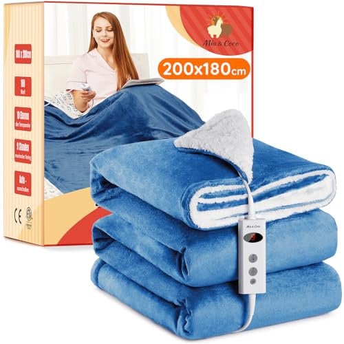 Mia&Coco Electric Heated Blanket Throw Flannel Sherpa Fast Heating 200x180cm, 10 Heat Levels & Up-to-9-Hours Auto-Off Timer & LED Display, for Home Office Use, Machine Washable, ETL Certified, Blue
