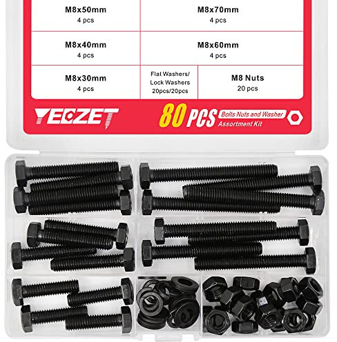 YEEZET Schrauben M8 80 Pcs Sechskantschrauben Unterlegscheiben Federringe und Muttern Sortiment Kit (8.8 Kohlenstoffstahl)