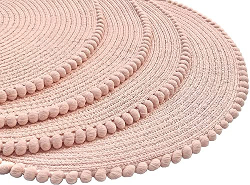 GBS Round Braided Placemats Set Of 4 For Dining Table - Circle Waterproof Washable Table Mats - Non Slip Heat Resistant Vinyl Wipeable Place Mats - 4 Pcs 15 Inches Tableware Essentials - (Blush)