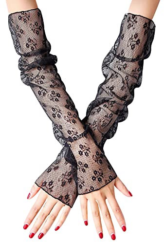 ihreesy Fingerlose Handschuhe,1 Paar Elegante Spitze Handstulpen Lange Handschuhe Damen Abendhandschuhe Armmanschette Spitze Armstulpen Sonnenschutz Spitzenhandschuhe Sommer Stulpen,Schwarz Blume