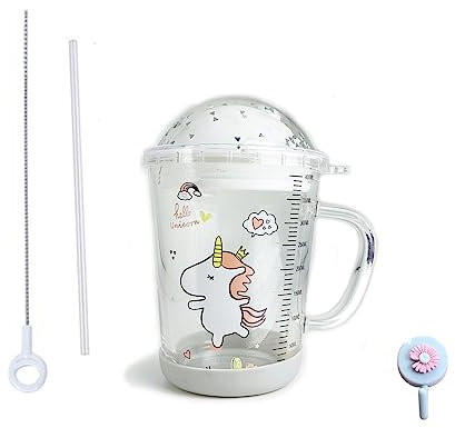 Xfeyaqlo Vaso de pajita con tapa, tapa antideslizante y pajita de silicona, para zumo de leche, para microondas, (pony blanco 2)